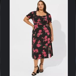 Torrid Tea Length Stretch Challis Sweetheart A-line Dress Size 0 US L Floral EUC